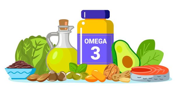 Conceito de gordura Omega 3 Pequenas pessoas tomam produtos e vitaminas com ácidos graxos poli-insaturados Fontes animais e vegetais de ácidos ômega-3 Nutrição orgânica natural. Suplemento alimentar e cuidados de saúde - Vetor, Imagem
