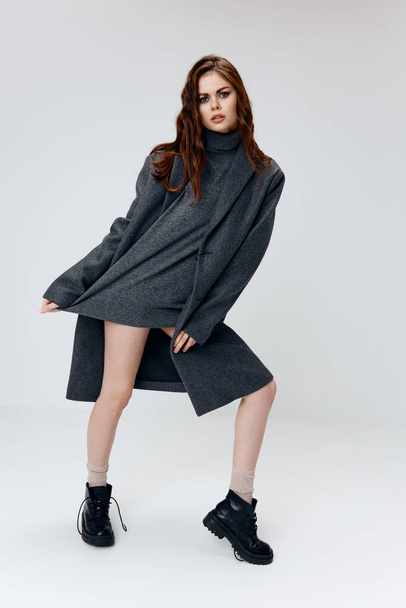 stylish woman in sweater coat boots naked legs model - Photo, Image