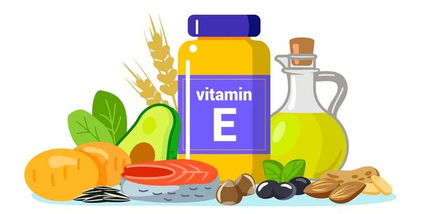 E vitamini vektör illüstrasyon gıdaları tocopherol ayçekirdeği, ayçiçeği yağı, bitkiler, zeytin, balık, fıstık, fındık, buğday, patates sağlıklı E vitamini besin kaynakları - Vektör, Görsel