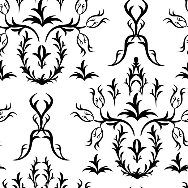 Helles Damastmuster mit floralem Ornament auf weißem Hintergrund. Schwarz-weiße Vektor-nahtlose Wirbeltextur für Tapeten, Textilien und Heimtextilien. - Vektor, Bild