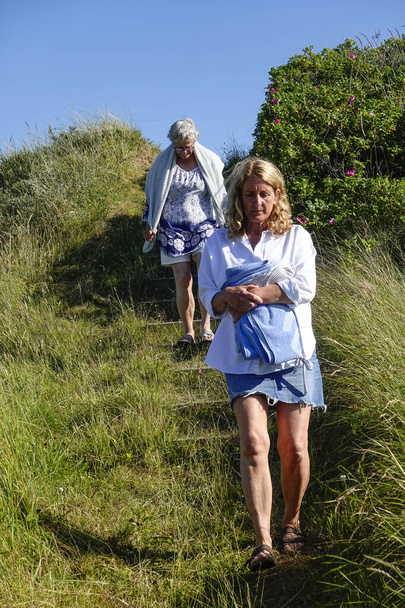 Хиртшалс, Дания Женщина и дочь спускаются по ступенькам в песчаных дюнах, чтобы пойти на пляж. - Фото, изображение