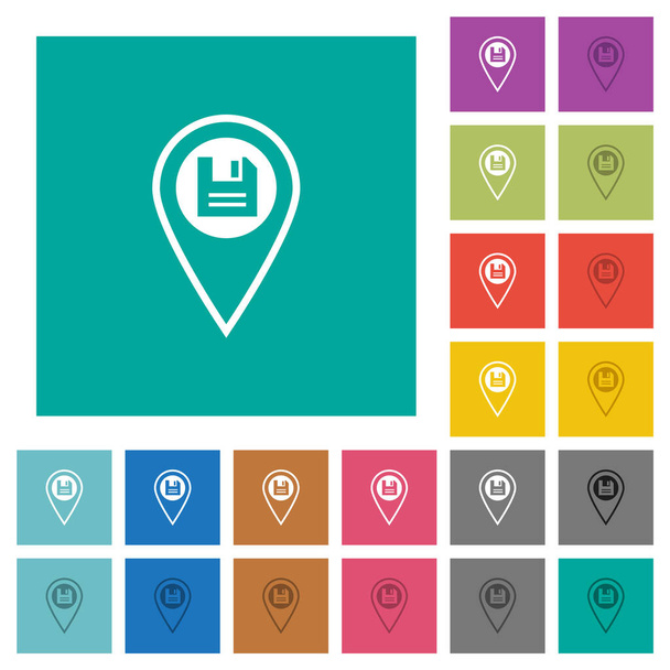Guardar la ubicación GPS iconos planos multicolores en fondos cuadrados llanos. Incluidas variaciones de iconos blancos y más oscuros para efectos de flotación o activos. - Vector, Imagen