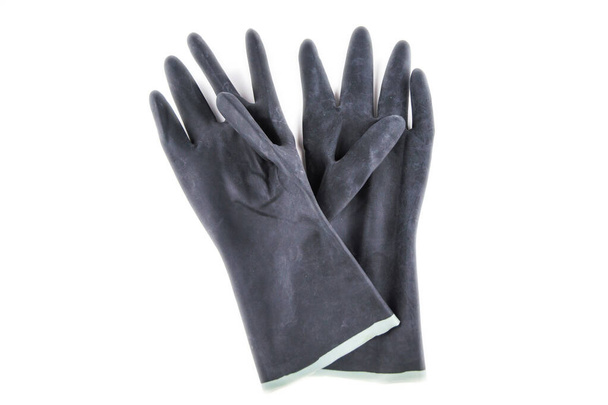 a pair of black gloves with protective coating against acid and alkali, isolated on white, front view - Photo, Image