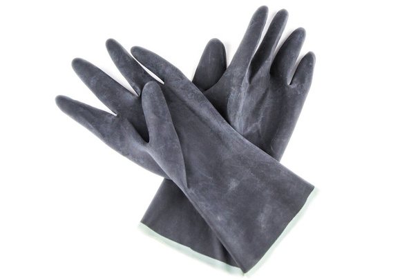 pair of black rubber protective gloves coated against acids and alkali, isolated on white, front view - Photo, Image