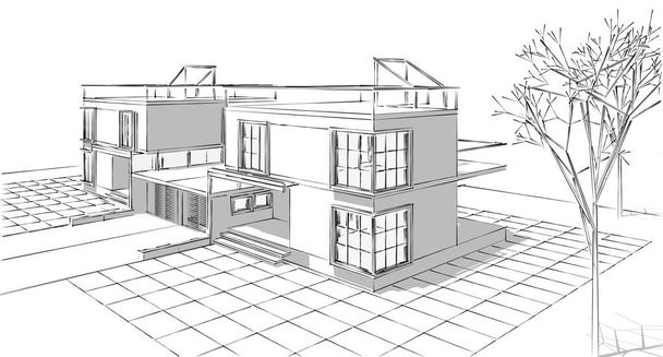 nowoczesny dom szkic 3d ilustracja - Zdjęcie, obraz