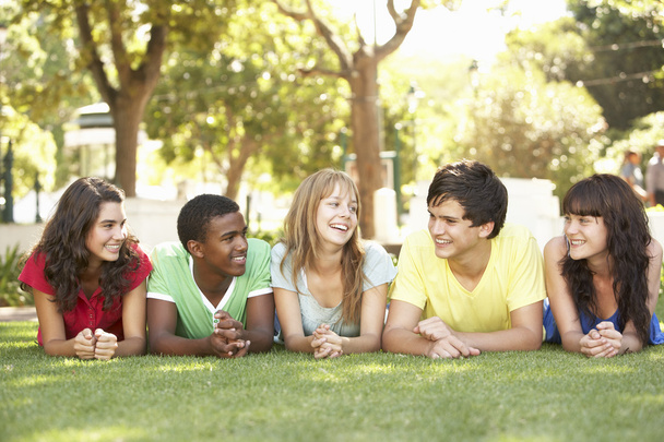 Group Of Teenagers Lying On Stomachs In Park - Photo, image