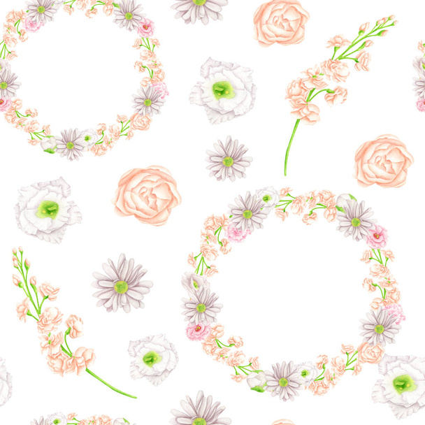 Υδατογραφία αδιάλειπτη μοτίβο με λουλούδια και λουλούδια στεφάνια. Κομψό ροδακινί ματθιόλα και παιώνιες που απομονώνονται στο λευκό. Βοτανικό φόντο σε ουδέτερα χρώματα για υφάσματα, μόδα, περιτύλιγμα. - Φωτογραφία, εικόνα