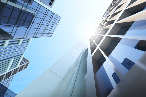 Vista ad angolo basso dell'architettura futuristica, grattacielo dell'edificio per uffici aziendale, rendering 3D. - Foto, immagini