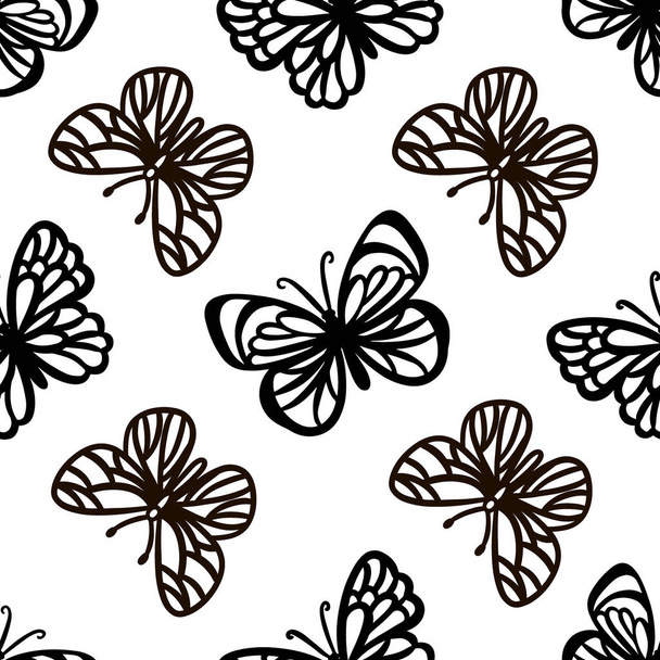BUTTERFLY LINE PATTERN Monochrome Cute Insects On White Background Cartoon Hand Drawn Seamless Sketch Vector Illustration - Vector, afbeelding