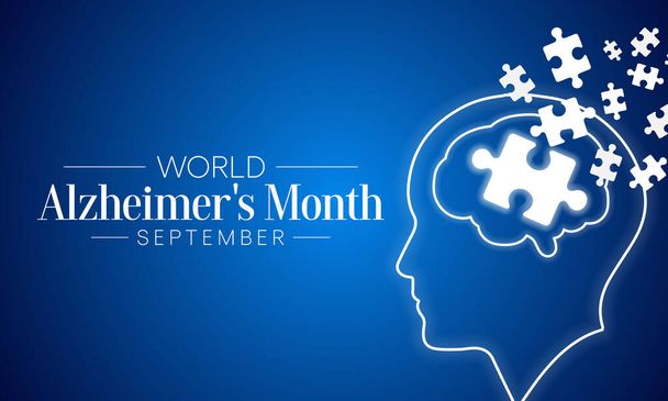 Světový měsíc Alzheimerovy choroby je pozorován každý rok v září, je to progresivní onemocnění, kde se příznaky demence postupně zhoršují v průběhu několika let. V počátečních stádiích je ztráta paměti mírná.. - Vektor, obrázek