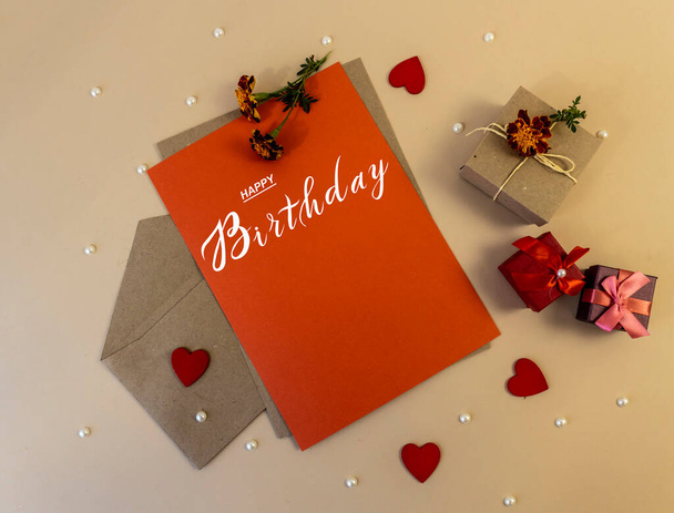 postcard , Internet banner , flat lay with a birthday greeting, with the inscription - happy birthday - Foto, immagini