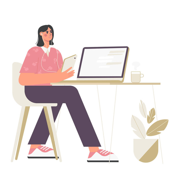 Bir kadın podcast ya da video blogu yönetiyor. Kız bir dizüstü bilgisayar ve tabletin başında kulaklıkla oturuyor. Düz vektör illüstrasyonu - Vektör, Görsel