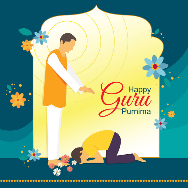 Plakát na oslavu Guru Purnima s učitelem dává studentovi požehnání. Pozadí je zdobeno v modrých a žlutých odstínech. - Vektor, obrázek