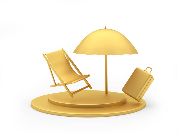 Een gouden chaise longue met een reiskoffer onder een parasol op een standaard. 3D illustratie  - Foto, afbeelding