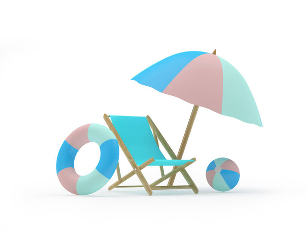 Palubní křeslo se záchrannou bójí pod plážovým deštníkem. 3D ilustrace  - Fotografie, Obrázek