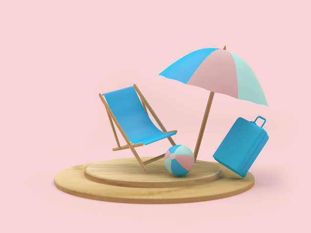 Kansituoli ja matkalaukku, jossa on rantasateenvarjo pinkillä pohjalla. 3D-kuva  - Valokuva, kuva
