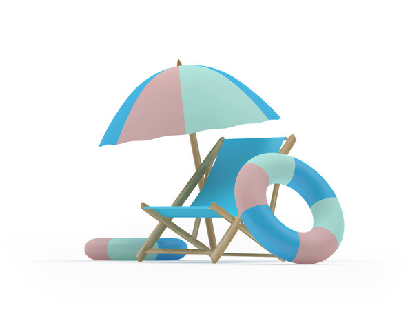 ビーチの傘の下でライフブイとデッキチェア。3Dイラスト  - 写真・画像