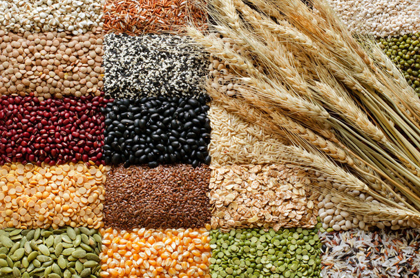 Sorte von trockenem Bio-Getreide und Getreidesamen in dunklem Ton mit einem Bündel trockenem Weizen, für gesunde oder saubere Lebensmittelzutaten oder landwirtschaftliches Produktkonzept - Foto, Bild
