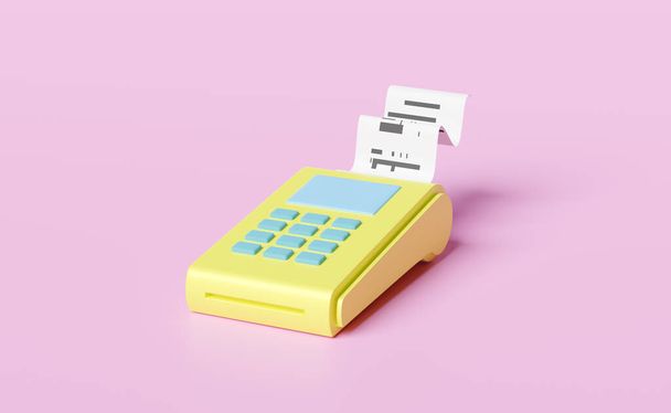máquina de pago amarilla o terminal pos, pago electrónico de facturas y tarjeta de crédito con recibo de factura o cheque en papel, moneda aislada sobre fondo rosa, ilustración 3d o renderizado 3d - Foto, Imagen