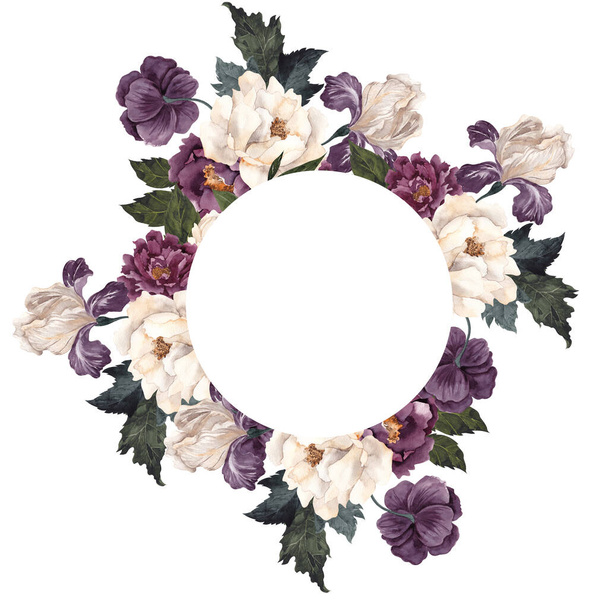 Watercolor Retro frame with vintage flowers and leaves, isolated on white background - Φωτογραφία, εικόνα