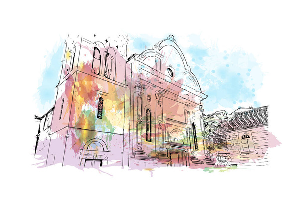 Print  Building view with landmark of Hvar is the island in Croatia. Watercolor splash with hand drawn sketch illustration in vector. - Vector, Image
