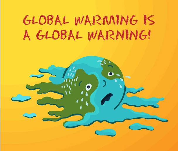 Ecological conceptual illustration of the planet Earth, which melts from the heat, a greenhouse effect. Global warming is a global warning. - Vector, Image