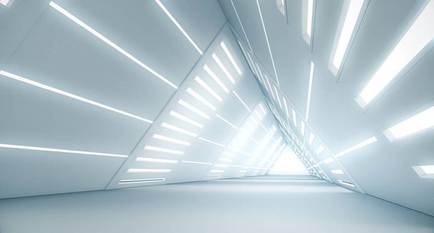 Abstrakcyjny korytarz statku kosmicznego Trójkąta. Futurystyczny tunel ze światłem. Przyszłe wnętrze, biznes, nauka sci-fi. 3d renderowanie - Zdjęcie, obraz