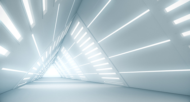 Abstrakcyjny korytarz statku kosmicznego Trójkąta. Futurystyczny tunel ze światłem. Przyszłe wnętrze, biznes, nauka sci-fi. 3d renderowanie - Zdjęcie, obraz