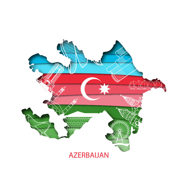 Égbolt és térkép Azerbajdzsán kiemelkedő tereptárgyak réteg papír hatása - Vektor, kép