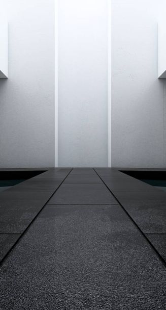Interior moderno abstrato Longo caminho no grande salão com piscina. Conceito futurista. Contexto futuro. ilustração 3d. - Foto, Imagem