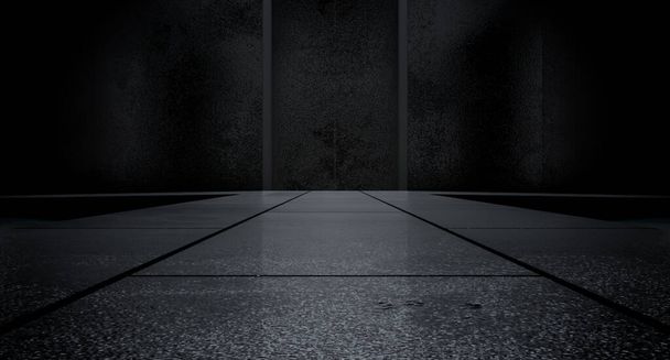 Современный коридор с бетонным полом и бассейном. Футуристический Большой космический фон для демонстрации продукта. 3D рендеринг. - Фото, изображение