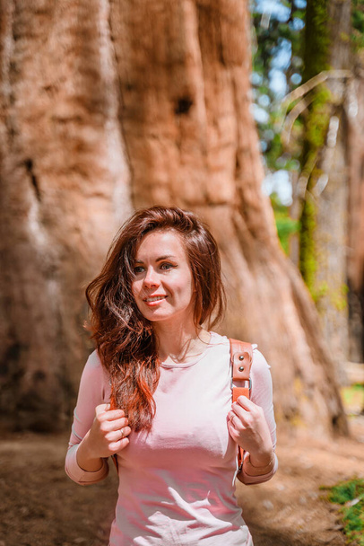 アメリカのセコイア国立公園の森の巨木の間をバックパックを持つ魅力的な若い女性 - 写真・画像