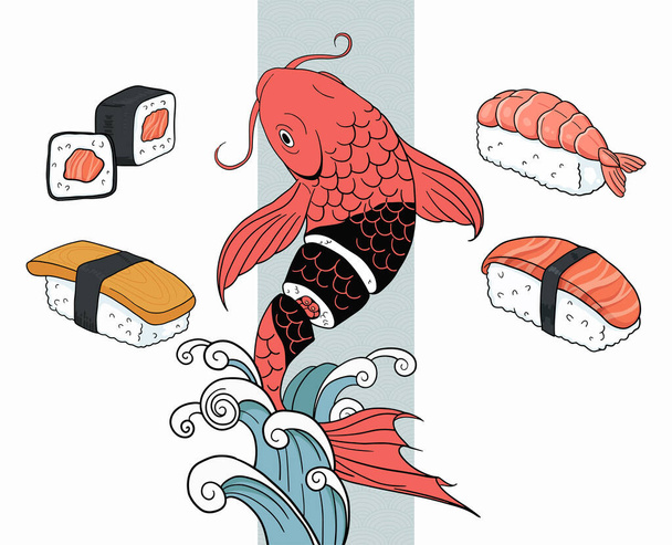 Red fish with sushi on blue bold line - Vector, Image