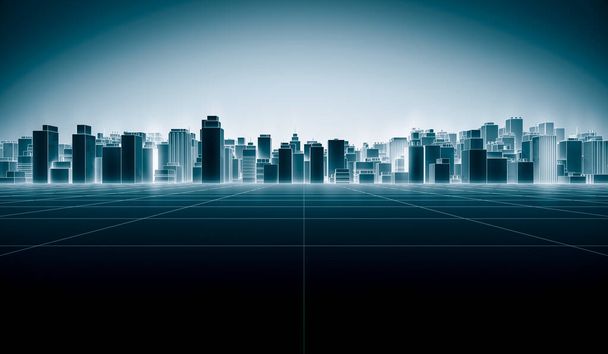 Mavi üzerinde parlak beyaz renkli Neon ışığı olan soyut gelecekçi şehir manzarası. Hi-Tech Dark arka plan konsepti. 3B Resim Hazırlama - Fotoğraf, Görsel