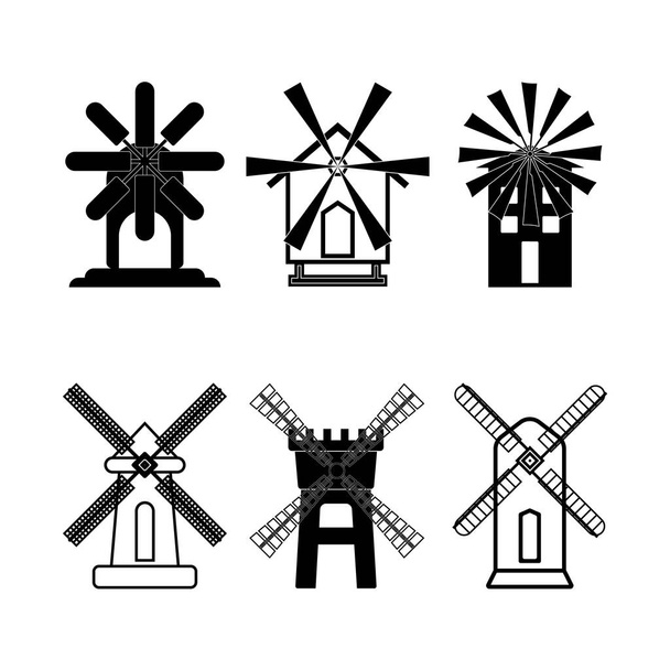 Windmills are ecological structures of black color on a white background. A vector image. - Vector, Image