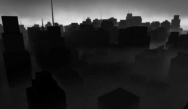 Силуетний міський пейзажний фон. Чорні будівлі з димом. Драматична концепція. 3D рендерингу ілюстрації
. - Фото, зображення