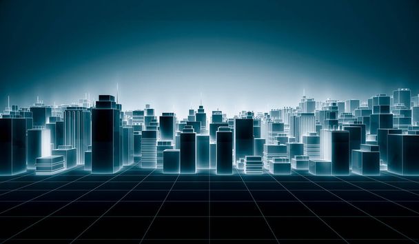 概要青のネオン輝くライトホワイトカラーで未来的な都市景観。ハイテクダークビルディングをコンセプトにラインアップ。3Dレンダリングイラスト - 写真・画像
