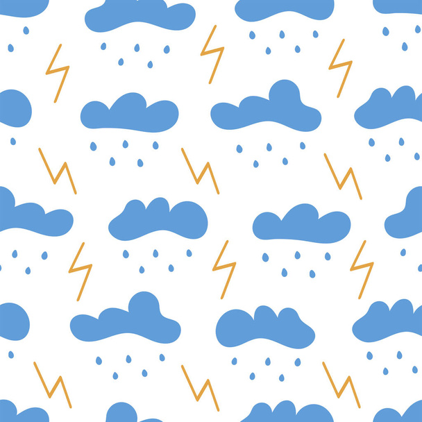 Απρόσκοπτη μοτίβο με σύννεφα με βροχή και αστραπές. Καταιγίδα. Σε λευκό φόντο. Διάνυσμα πολύχρωμο χέρι εικονογράφησης - Διάνυσμα, εικόνα