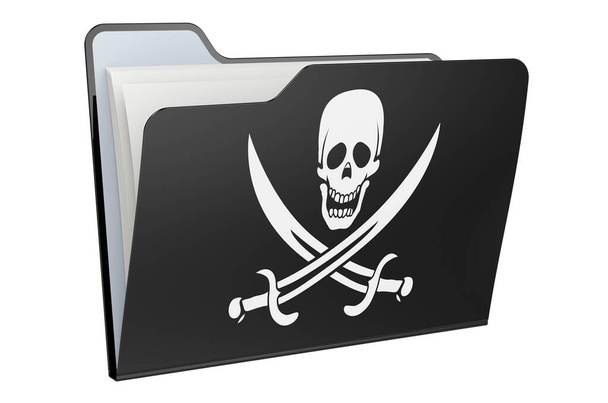 Icono de carpeta de ordenador con bandera pirata. Representación 3D aislada sobre fondo blanco - Foto, imagen