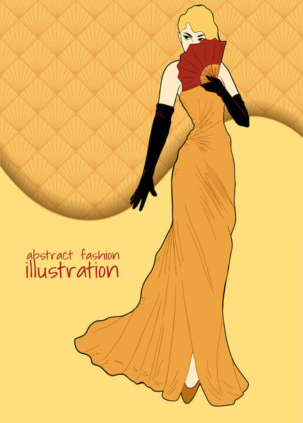  модная ретро-иллюстрация с женщиной в длинном платье и веером, желтый - Вектор,изображение
