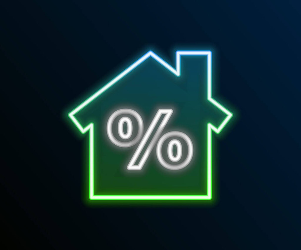 Glowing neon line House with percant discount tag icon isolated on black background. Real estate home. Credit percentage symbol. Colorful outline concept. Vector. - Vector, Image