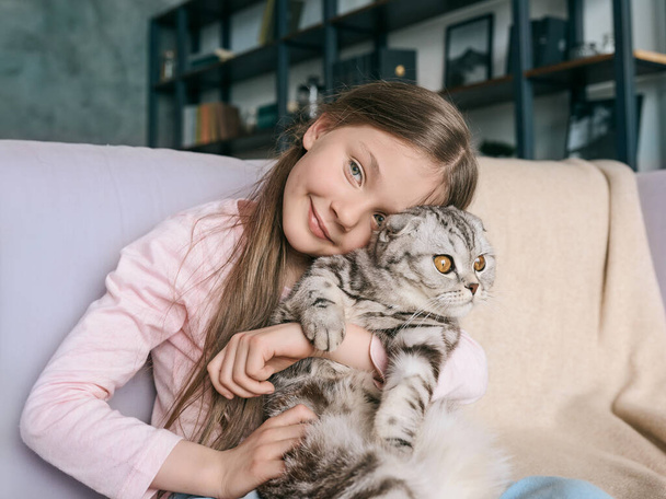 Adorable, cute, smiling girl hugging Scottish gray cat on the sofa at home. Pets, friendship, home, happiness concept  - Foto, imagen