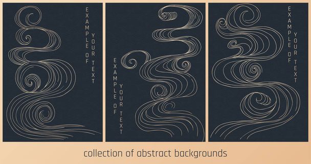  vector abstract japanese style landscapes lined waves in black and gold colours - Vector, Image