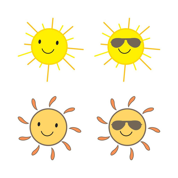 Pegatina solar con forma redonda y color amarillo y naranja. Muy lindo sol con una cara sonriente y gafas de sol frescas. Rayo de sol saliendo del diseño del vector solar. Sol vector de redes sociales colección de pegatinas. - Vector, Imagen