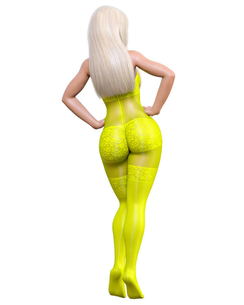 3D render beautiful sexy blonde girl yellow bodystocking.Curves shape girl.Woman studio photography.High heel.Conceptual fashion art.Seductive candid pose.Summer intimate clothes. - Foto, Imagen