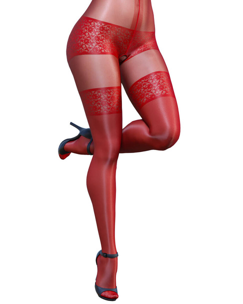 3D render beautiful sexy girl red bodystocking.Curves shape girl.Woman studio photography.High heel.Conceptual fashion art.Seductive candid pose.Summer intimate clothes. - Fotoğraf, Görsel