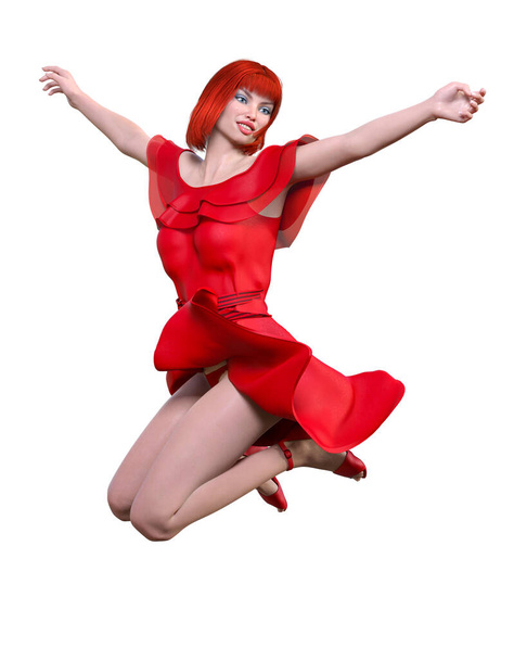 Beautiful redhead woman light summer waving red dress.Bright makeup.Pin up girl.Skirt up wind.Woman studio photography.Conceptual fashion art.Seductive candid pose.Femme fatale.3D Render. - Фото, изображение
