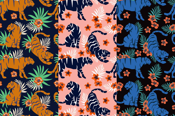 Set Vector seamless pattern with cute tigers with tropical leaves and exotic plants on a pastel background. Fashionable fabric design. Ideal for wallpapers, web page backgrounds, surface textures, textiles. Janapese fashion ornament - Vector, Image