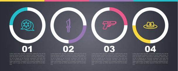 Set line Hexagram sheriff, Military knife, Pistol or gun and Sheriff hat with badge. Business infographic template. Vector. - Vector, Image