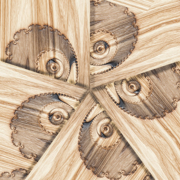 Patrón geométrico tallado sobre fondo de madera textura sin costuras, ilustración 3d - Foto, Imagen